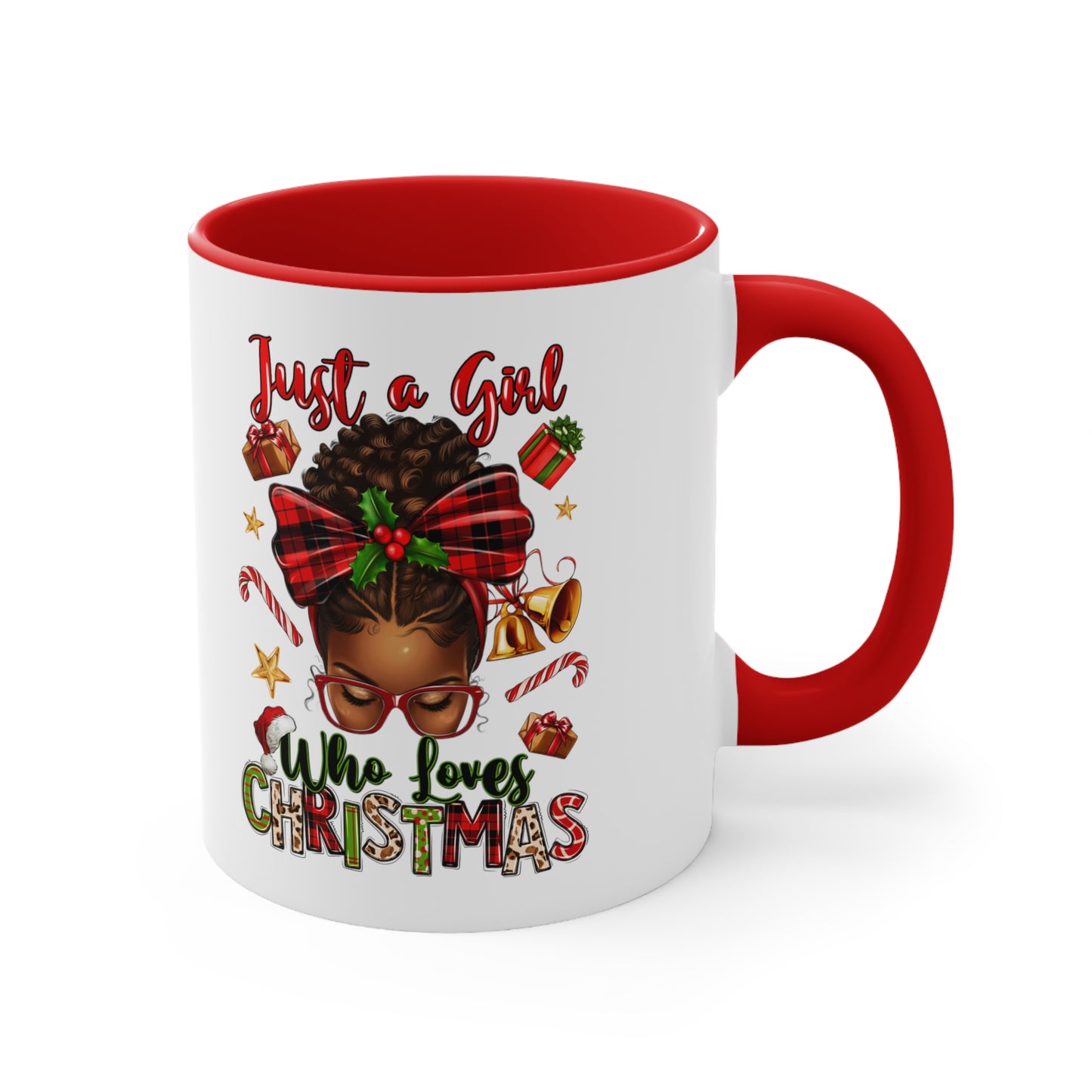 Just a Girl Who Loves Christmas 11oz Mug: Curly Hair, Glasses, and Holiday Delight!