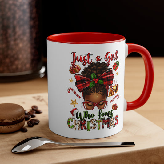 Just a Girl Who Loves Christmas 11oz Mug: Curly Hair, Glasses, and Holiday Delight!